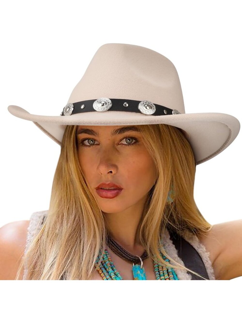 Unisex Beige Black Circumference 22-22.8" Felt Wide Cowboy Western Cowgirl Hat
